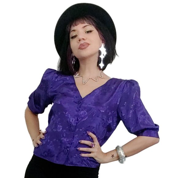 Vintage Royal Purple 1980s Blouse - Picture 3 of 13